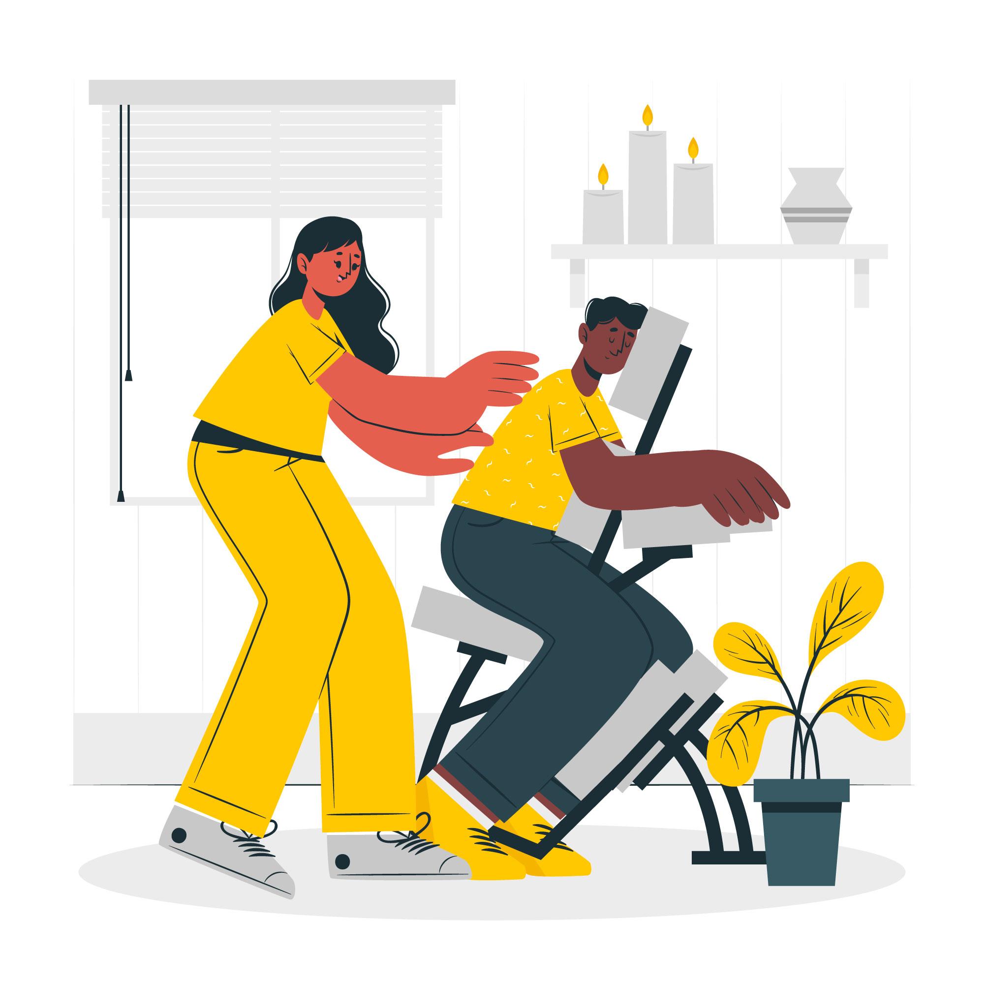 a woman who is giving a massage to a man sitting on a massage chair